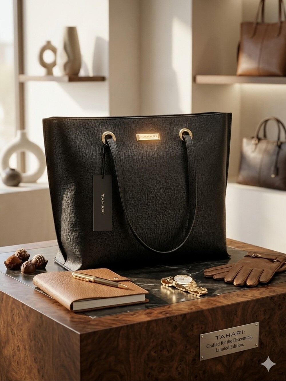 Tahari Black Leather Tote Bag with Gold Hardware - Picture 1 of 8